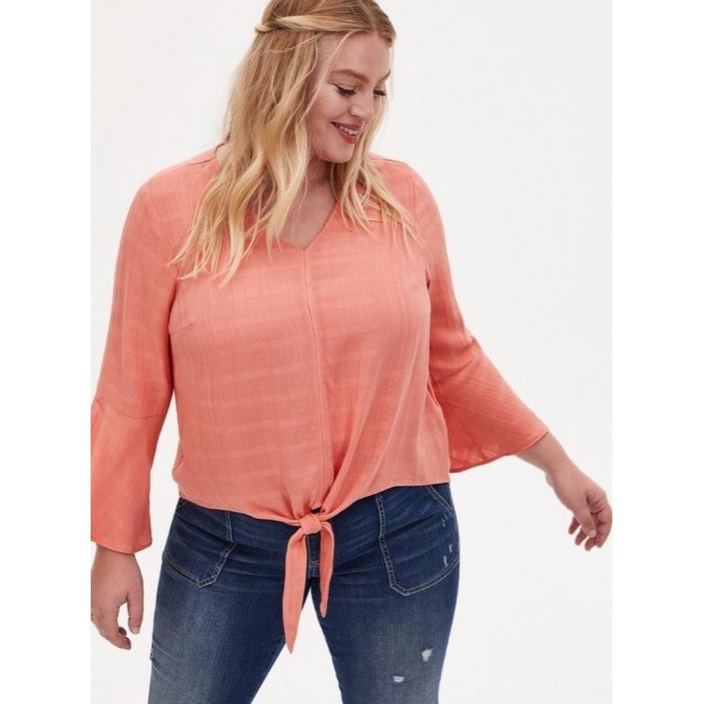 Torrid Coral Textured Woven Tie Front Bell Sleeve V Neck Top Size 2